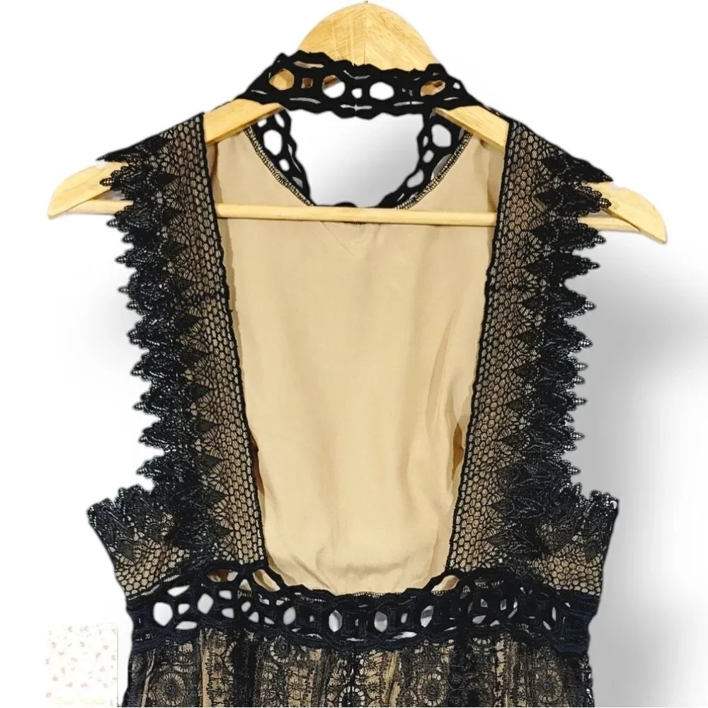 NEW Free People Forever Lace Embroidered Open Back Babydoll Black Dress Size 8